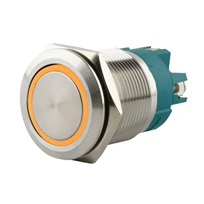 Abbildung von SeKi Edelstahl Drucktaster Ø22mm tastend flacher Kopfform farbig beleuchtetem LED Ring in gelb Schraubanschluss; Klingeltaster