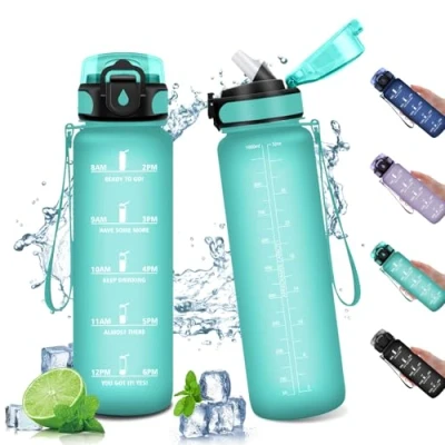Abbildung von Sportflasche 1L, Wasserflasche mit Strohhalm, Trinkflasche Auslaufsicher, Sport Zeitmarkierung, Kohlensäure Geeignet, Groß für Fitness, Yoga, Outdoor, Fahrrad