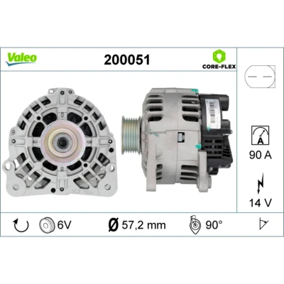 Abbildung von VALEO 200051 Lichtmaschine 14V 90A VOLKSWAGEN: Polo IV Hatchback, SKODA: Fabia I 1 Combi, Saloon, SEAT: Ibiza 3