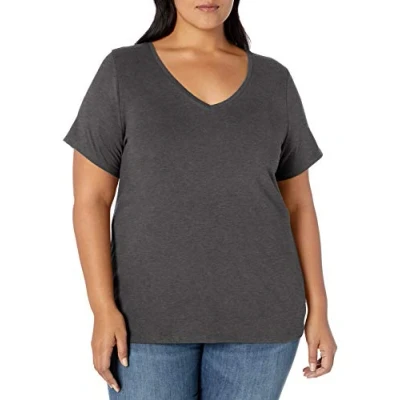 Abbildung von Amazon Essentials Damen Kurzärmeliges T Shirt mit V Ausschnitt (erhältlich in Übergröße), Dunkelgrau Meliert, 5XL Große Größen