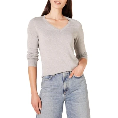 Abbildung von Amazon Essentials Damen Leichter, Langärmeliger Pullover Mit V Ausschnitt, Klassischer Schnitt (Erhältlich In Übergröße), Hellgrau Meliert, XL