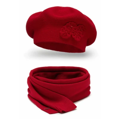 Abbildung von VIVISENCE Damen Baskenmütze Eleganter Wintermütze Und Schal Set Warm Kopfbedeckung Halsbedeckung An Winter Herbst Dick, Winterset Für Frauen, Hergestellt In EU, Rot