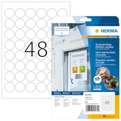 Abbildung von HERMA 4571 Wetterfeste Folienetiketten ablösbar rund, 20 Blatt, Ø 30 mm, 48 pro A4 Bogen, 960 Stück, selbstklebend, bedruckbar, matt, blanko Klebeetiketten Aufkleber aus Folie, weiß