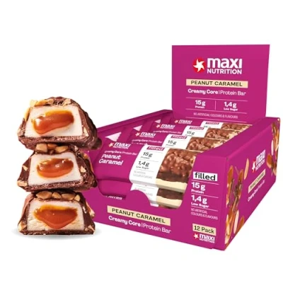 Abbildung von MaxiNutrition Creamy Core Bar Peanut Caramel, 12x45g Protein Riegel, 32% Eiweiß, 15g je low Sugar (1,4g), ohne Zuckerzusatz, künstliche Aromen