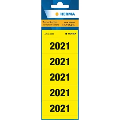 Abbildung von HERMA 1681 Jahreszahlen Aufkleber 2021 für Ordner, 100 Stück, 60 x 26 mm, 5 pro Bogen, selbstklebend, blickdichte Textetiketten, matt, Papier Klebeetiketten Aufkleber, gelb