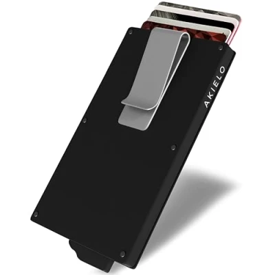 Abbildung von AKIELO Kartenetui mit RFID Schutz, Geldklammer und Geschenkbox Minimalistische Geldbörse Herren Kompakte Wallet Kontaktloser Kreditkartenschutz (Alpha Schwarze Ausgabe Geldklammer)