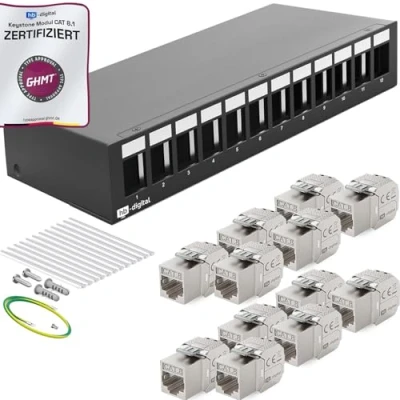 Abbildung von HB DIGITAL 12 Port Patchpanel Patchfeld Verteilerfeld 1 HE 12x CAT 8 RJ45 Keystone Jack Modul GHMT Zertifiziert vollgeschirmt STP 40 Gbps Kompatibel mit Verlegekabel Netzwerkkabel LAN Schwarz