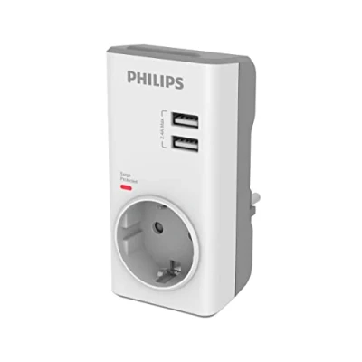 Abbildung von Philips CHP4010W Adapter Ladegerät USB Überspannungsschutz 2 2,4 A 1 Steckdose, LED Anzeige Stromversorgung, 380J, automatischer Sicherheitsverschluss