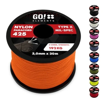 Abbildung von GO!elements 30m Paracord Seil aus reißfestem Nylon 3mm 425 Typ II max. 192kg Schnüre als Outdoor Seil, Allzweckseil, Survival Armband, Hundeleine, Nylonschnur, Farbe:Orange
