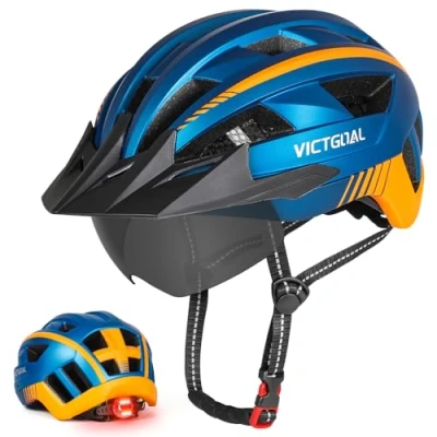 Abbildung von VICTGOAL Fahrradhelm MTB Mountainbike Helm mit magnetischem Visier Abnehmbarer Sonnenschutzkappe und LED Rücklicht Radhelm Rennradhelm für Erwachsenen Herren Damen (M: 54 58cm, Blue)
