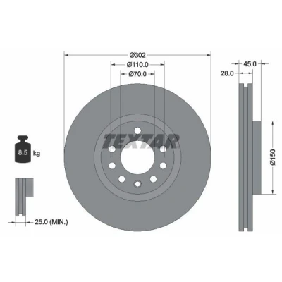Abbildung von TEXTAR PRO 92118303 Bremsscheibe 302 28 05/08 110 außenbelüftet beschichtet ohne Radbefestigungsbolzen, Radnabe OPEL: Vectra C Saloon, Signum CC