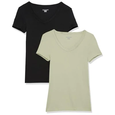 Abbildung von Amazon Essentials Damen Kurzärmeliges T Shirt mit V Ausschnitt, Schmale Passform, 2er Pack, Schwarz/Salbeigrün, L