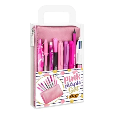 Abbildung von BIC Stifte Set: 2 Kugelschreiber, 1 Federmäppchen, Fineliner, Bleistifte, Tintenroller &amp; 3 Permanent Marker, Pink Purple Set