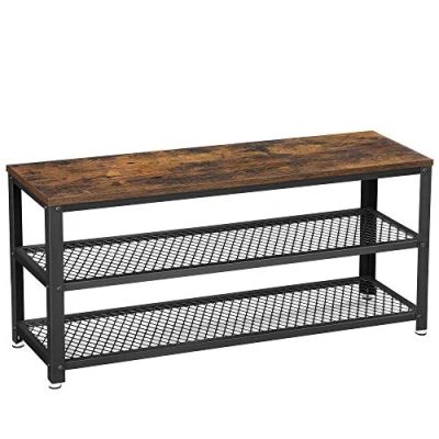 Abbildung von VASAGLE Schuhbank, Schuhregal mit 2 Gitterablagen, Aufbewahrung für Schuhe, 30 x 100 45 cm, Eingangsbereich, Flur, Wohnzimmer, Metallgestell, Industrie Design, vintagebraun schwarz LBS078B01