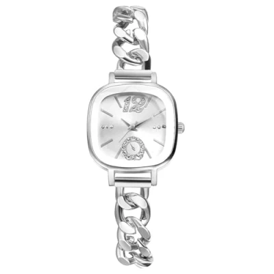 Abbildung von JewelryWe Damenuhr Kleine Quadratische Uhr: Glitzer Zirkonia Analog Quarz Armbanduhr Damen Silber Kubanisches Armband Uhr mit Schmalem Panzerkette Metallarmband &amp; Eckigem Zifferblatt