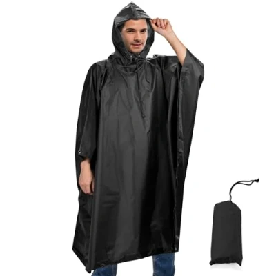 Abbildung von Regenponcho Wasserdicht Regencape mit Kapuze Multifunktionales Regenmantel Wiederverwendbar Regenkleidung Faltbare Ripstop Damen Herren für Wandern Camping Angeln Täglichen Gebrauch Schwarz Dunkel