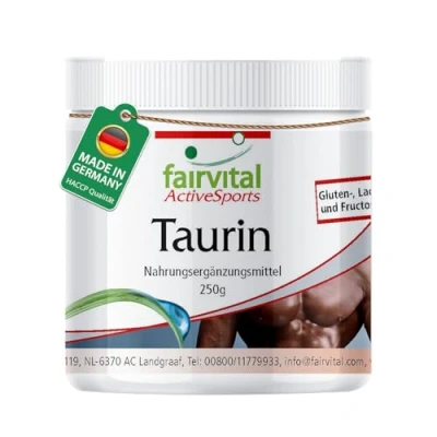 Abbildung von Fairvital Taurin 250 g Pulver Extra hoch dosiert Mit Thiamin und Pantothensäure Pur, ohne Zusatzstoffe 100% vegan Für 4,5 Monate Qualitätsgeprüft Made in Germany