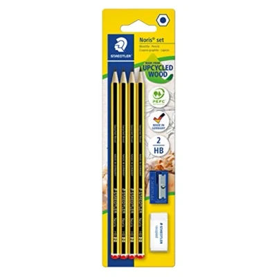 Abbildung von STAEDTLER Bleistifte Noris 120, HB, sechskant, Set mit 4 unglaublich bruchfesten Bleistiften, 1 Spitzer, Radiergummi, hohe Qualität Made in Germany, 120S1 BK4D