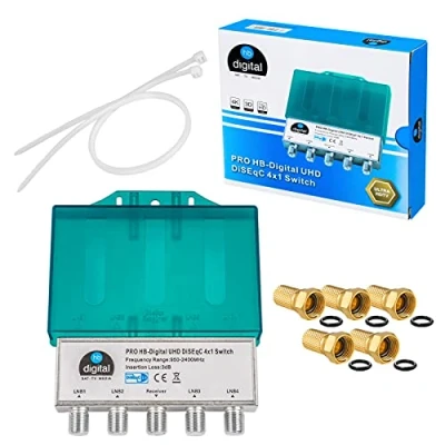 Abbildung von HB DIGITAL DiseqC Schalter Switch 4/1 mit Wetterschutzgehäuse 4x SAT LNB 1 x Teilnehmer/Receiver für Full HDTV 3D 4K UHD + 5 Vergoldete F Stecker Vergoldet