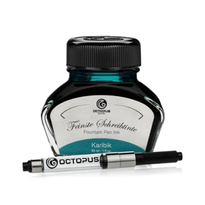 Abbildung von Octopus Fluids Füllhaltertinte im Tintenglas inklusive Konverter, Schreibtinte für Füllhalter, Füllertinte in Karibik 30ml mit Tintenkonverter