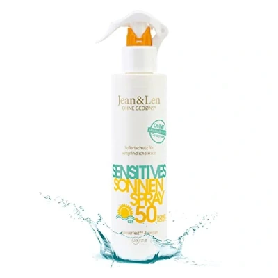 Abbildung von Jean &amp; Len Sensitiv Sonnenspray 50 LSF wasserfest, für empfindliche Haut geeignet, ohne Silikone, Octocrylen, Duftstoffe Mikroplastik, vegan, Sprühflasche 250 ml