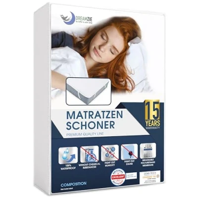 Abbildung von Matratzenschoner 120x200 cm Wasserdicht Made in EU und Oeko TEX Zertifiziert von Dreamzie Atmungsaktive Matratzenauflage