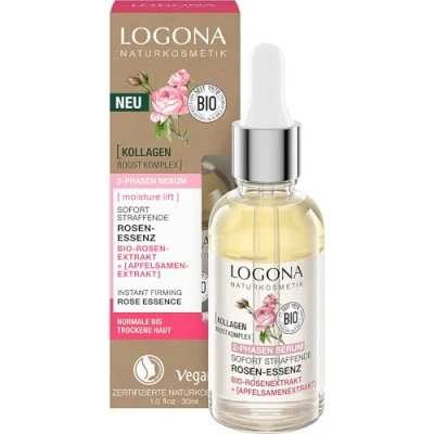 Abbildung von LOGONA Naturkosmetik 2 Phasen Serum sofort straffende Rosen Essenz, glättende Gesichtspflege für mehr Feuchtigkeit mit Bio Rosenextrakt und Kollagen, vegane Tagespflege Anti Aging Wirkung, 30ml