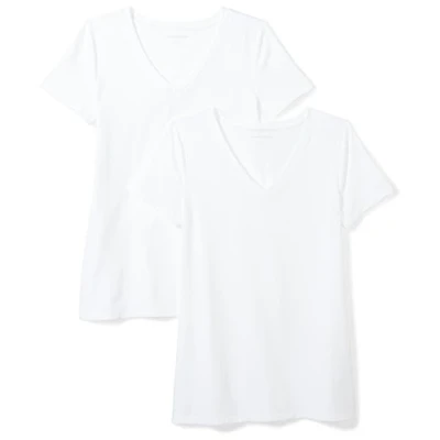 Abbildung von Amazon Essentials Damen Kurzärmeliges T Shirt mit V Ausschnitt, Klassischer Schnitt, 2er Pack, Weiß, XXL