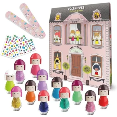 Abbildung von Beauty4Britain Nagellack für Kinder mit 12 x ungiftigem Peel Off Nagellack, 2 Nagelfeilen, Nagelaufklebern, schnell trocknendem Erdbeergeschmack