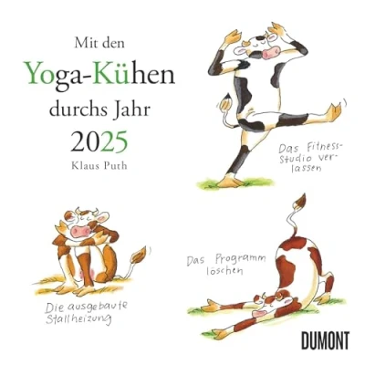 Abbildung von DUMONT mit den Yoga Kühen durchs Jahr 2025 Wandkalender, 23x23cm, Kalender von Klaus Puths, quadratischer deutschem Kalendarium