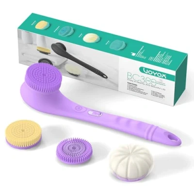Abbildung von VOYOR Rückenbürste Körperbürste Elektrisch DuschbürsteNatürliche Mähne Trockenbürste Duschschwam mit Langem Griff für Exfoliating IPX6 Wasserdichte USB Aufladbar Silikon BC300(Lila)