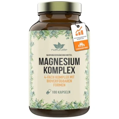 Abbildung von naturalie® Magnesium Kapseln im Komplex 4 bioverfügbare Magnesiumformen 280 mg elementares 180 ohne unnötige Zusatzstoffe laborgeprüfte Qualität Braunglas