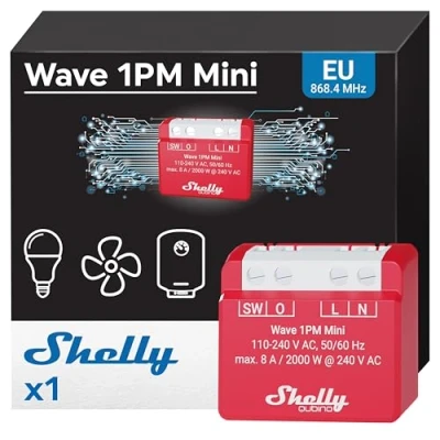 Abbildung von Shelly wave 1PM Mini Z Smart Schalter Relais, 1 Kanal 8 A mit Leistungsmesser Hausautomation iOS Android app Geringer Stromverbrauch
