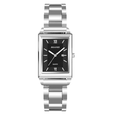 Abbildung von JewelryWe Damenuhr Rechteckige Uhr Damen: Klassische Datum Kalender Analog Quarz Armbanduhr Frauen Silber Metallarmband Geschäft Lässige mit Römischen Ziffern Eckigem Zifferblatt