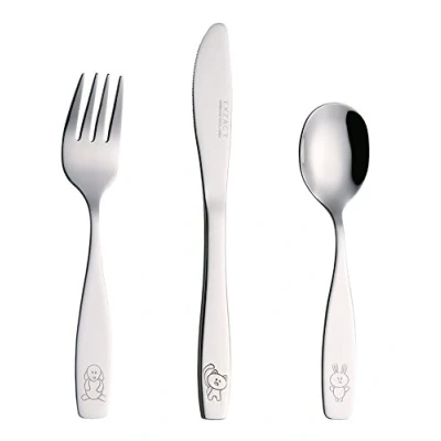Abbildung von Exzact Kinderbesteck 3 teiliges aus rostfreiem Stahl/spülmaschinengeeignet Gravurbesteck 1 x Gabeln, Menuemesser, Abendessen Löffel (Hund Katze Hase 3)