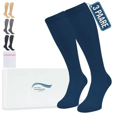 Abbildung von 360 Relief Kompressionsstrümpfe Damen und Herren 3 Paare Kompressionssocken Einfarbig für Sport, Laufen, Flug, Reise, Joggen, Radsport, Kniestrümpfe, S/M Blau mit Wäschenetz