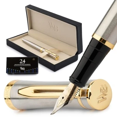 Abbildung von Wordsworth &amp; Black Füllfederhalter Set, gebogene 18 Karat Goldfeder, inklusive 24 Tintenpatronen, Kolbenkonverter und Geschenkbox, goldfarben, Kalligraphie, Gold Schwarz