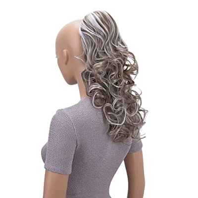 Abbildung von CAISHA 45cm Lang Haarteil Zopf Pferdeschwanz Haarverlängerung Mit Kordelverschluss Voluminös Gelockt Hellbraun Grau Mix PH37