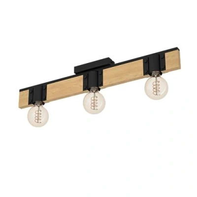 Abbildung von Eglo 43901 Deckenleuchte BAILRIGG Stahl schwarz, Holz braun E27 3X40W L:65.5cm B:10cm H:4.5cm dimmbar