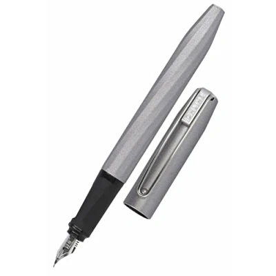Abbildung von ONLINE Füller Slope Metallic Grey, Patronen mit ergonomischem Griffstück, hochwertige Iridium Feder medium, Standard Tintenpatronen, inkl. Kombipatrone blau, für Schule und Büro