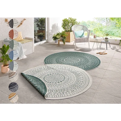 Abbildung von Northrugs Porto in und Outdoor Teppich Rund Runder Wendeteppich Wasserfest Mandala Design Flachgewebe Wetterfest für Balkon, Terrasse, Garten, Wohnzimmer Grün Creme, ⌀240cm