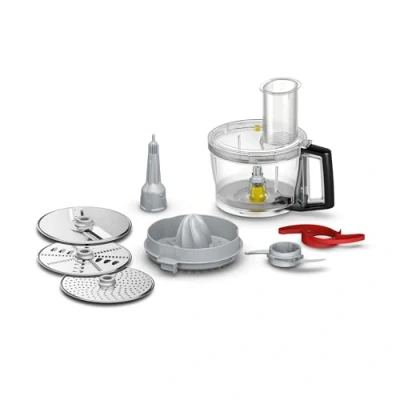 Abbildung von Bosch Zubehör Set VeggieLove Plus MUZ9VLP1, Multimixer, drei Scheiben (Schneidwendescheibe, Raspelwendescheibe, Reibscheibe mittelfein), Hackmesser, Zitruspresse, für OptiMUM Küchenmaschine, Silber