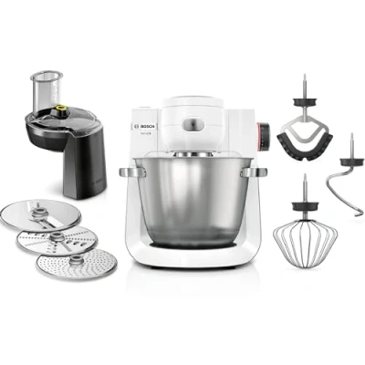 Abbildung von Bosch Küchenmaschine Serie 6 MUMS6EW13D, NEU, 7 Geschwindigkeitsstufen, 5,5l Schüssel, Durchlaufschnitzler, 3 Scheiben, Knethaken, Rührbesen, Silikonbesen, spülmaschinenfest, 1.600 W, silber/weiß