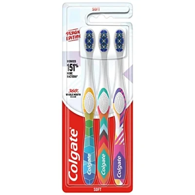 Abbildung von Colgate Zahnbürste 360 Design Edition, weich, 3 Stück zur gründlichen Reinigung mit tollem