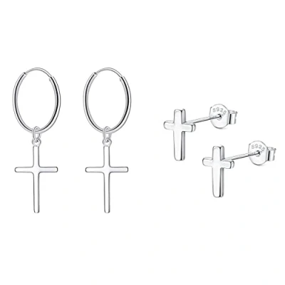 Abbildung von Bo Win 2 Paare 925 Sterling Silber Ohrringe Kreuz Creolen Ohrstecker Kreolen Durchmesser 14mm mit Anhänger Ohrhänger Hängend Set für Damen Herren Mädchen