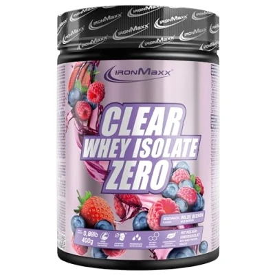 Abbildung von IronMaxx Clear Whey Isolate Zero Wild Berries 400g Dose Klarer Molkenprotein Isolat ohne Zucker Laktosefreies Protein Limonade mit fruchtig erfrischendem Geschmack
