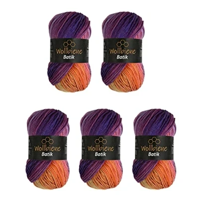 Abbildung von 5 x 100g Wollbiene Batik 500 Gramm Wolle mit Farbverlauf mehrfarbig Multicolor Strickwolle Häkelwolle (5600 lila beere orange)