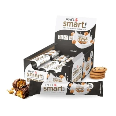Abbildung von PhD Nutrition Smart Bar Protein Riegel, Snack mit 20g Eiweiß und kaum Zucker/Makrofreundlicher Proteinriegel für unterwegs, 12er Packung 64g Cookies &amp; Cream Geschmack