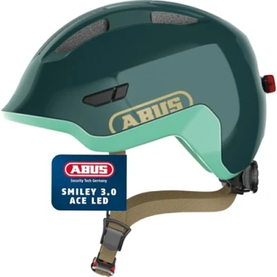 Abbildung von ABUS Kinderhelm Smiley 3.0 ACE LED Fahrradhelm mit Licht tiefe Passform &amp; Platz für einen Zopf Mädchen und Jungs Grün Glänzend, Größe S