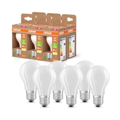 Abbildung von Osram LED Superstar Classic Lampe A 60 in klassischer Kolbenform aus gefrostetem Glas, 3.8 W, 806 lm, E27 Fassung, 2700 K für warmweißes Licht, EEK A, mm Durchmesser, 6 Pack
